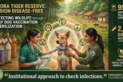 Tadoba Dog Vaccination मोहिमेदरम्यान चंद्रपूरातील ताडोबा बफर क्षेत्रात भटक्या कुत्र्यांचे लसीकरण करतानाचे दृश्य