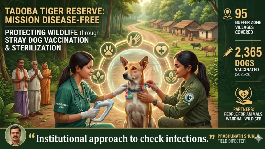Tadoba Dog Vaccination मोहिमेदरम्यान चंद्रपूरातील ताडोबा बफर क्षेत्रात भटक्या कुत्र्यांचे लसीकरण करतानाचे दृश्य